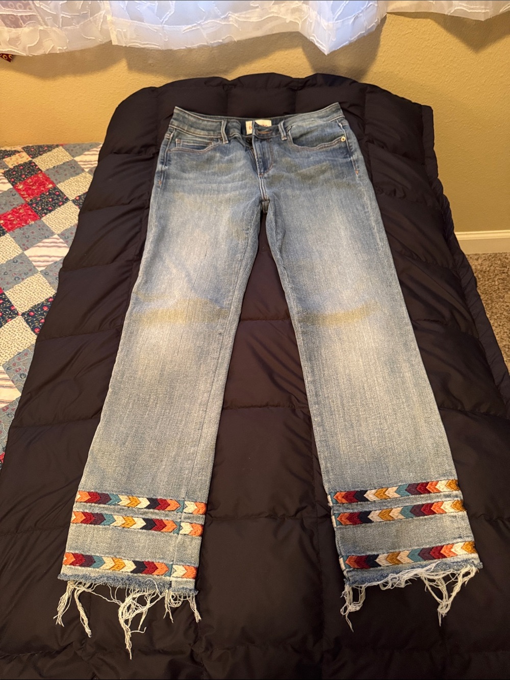 DRIFTWOOD Light Wash slim Leg Jeans with Multicolor Embroidered Hem